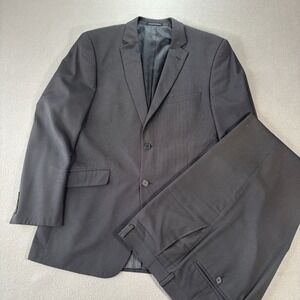 Renoir 2 Piece Suit Mens 42R Black Super 120s Italy Pants 36x31 Pinstripe Formal